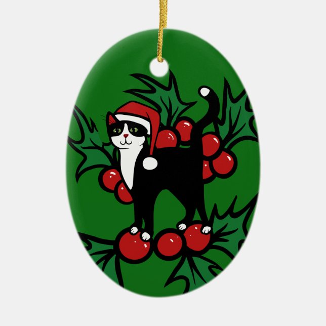 Tuxedo Cat Christmas Ceramic Ornament (Front)