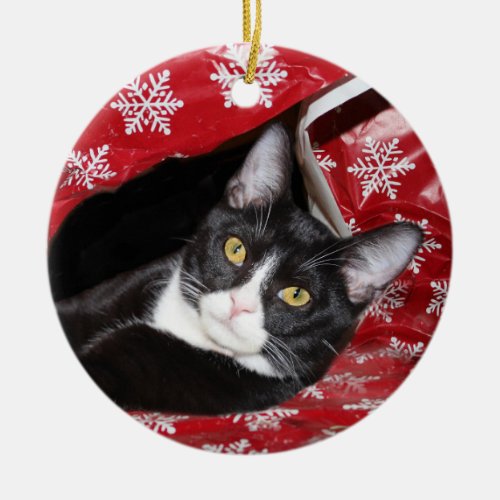 Tuxedo cat Christmas Ceramic Ornament