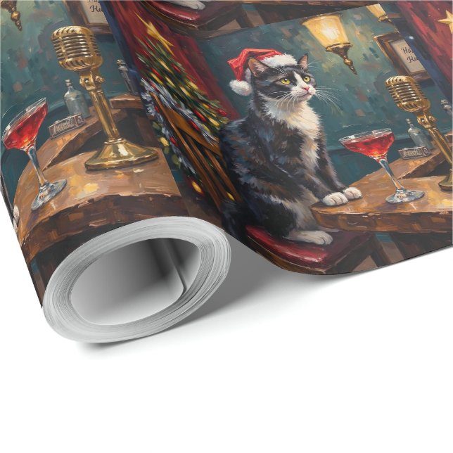 Tuxedo Cat Christmas Jazz Club Holiday Wrapping Paper (Roll Corner)