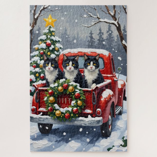 Tuxedo Cat Christmas Red Truck Holiday Jigsaw Puzzle (Vertical)