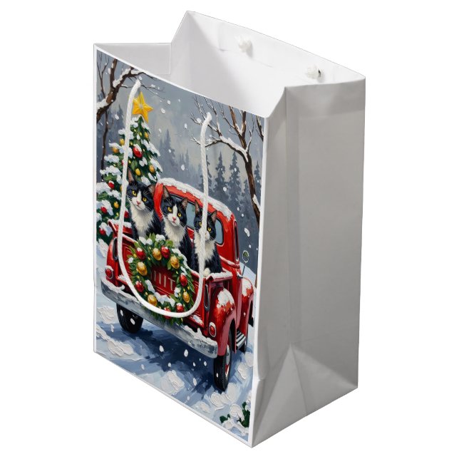 Tuxedo Cat Christmas Red Truck Holiday Medium Gift Bag (Front Angled)