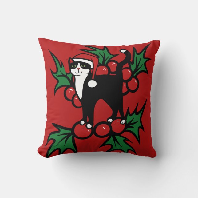 Tuxedo Cat Christmas Throw Pillow (Front)