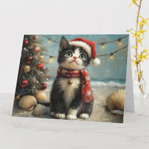 Tuxedo Cat Christmas Vintage Beach Card