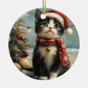 Tuxedo Cat Christmas Vintage Beach Ceramic Ornament