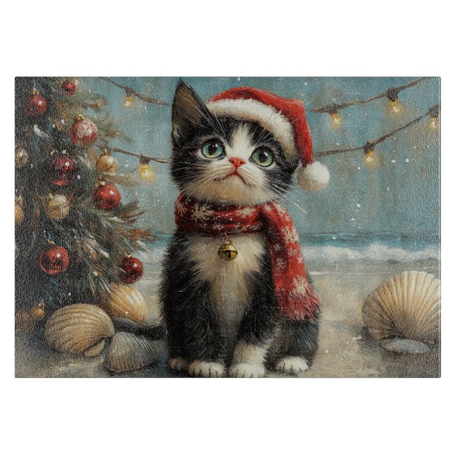 Tuxedo Cat Christmas Vintage Beach Cutting Board (Front)