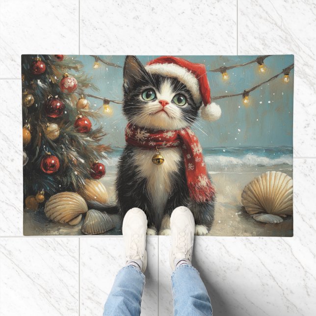 Tuxedo Cat Christmas Vintage Beach Doormat (Indoor)