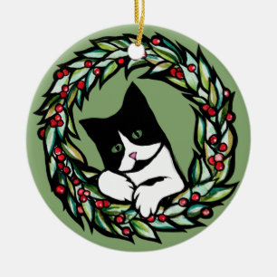 Tuxedo Cat Christmas Yule Holiday Cats Catmas Art Ceramic Ornament
