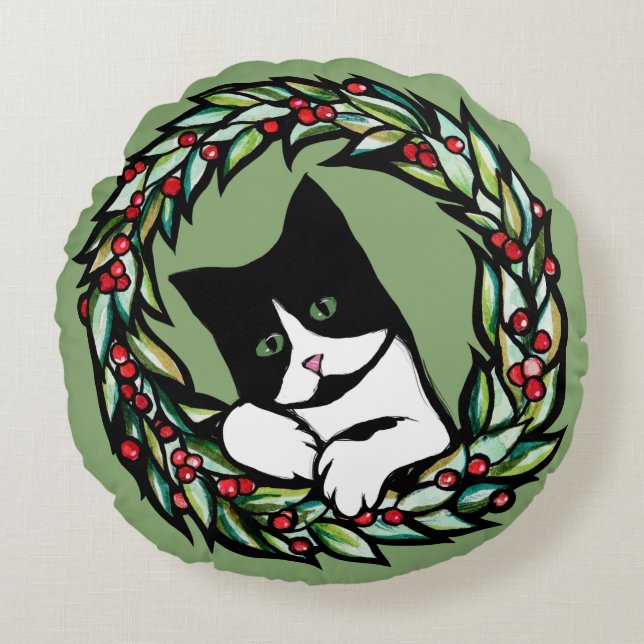 Tuxedo Cat Christmas Yule Holiday Cats Catmas Art  Round Pillow (Front)