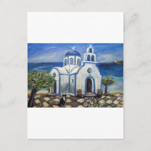 Tuxedo Cat Church on Greek Island painting Postcard