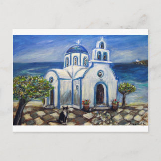 Tuxedo Cat Church on Greek Island painting Postcard