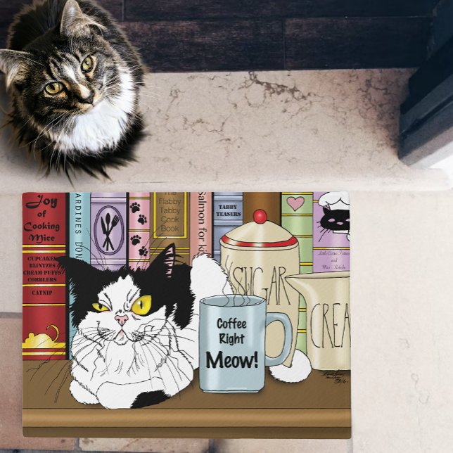 Tuxedo Cat Coffee Lover Funny Kitchen Doormat (Creator Uploaded)