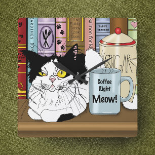 Tuxedo Cat Coffee Lover Funny Kitchen Square Wall Clock