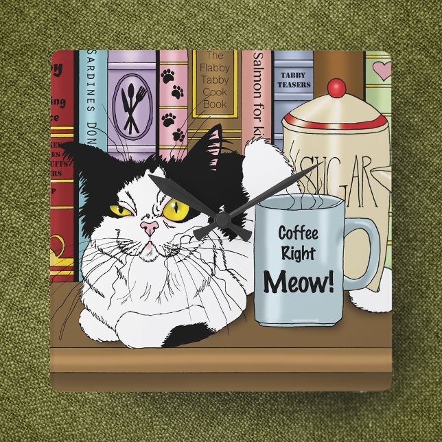 Tuxedo Cat Coffee Lover Funny Kitchen Square Wall Clock (Creator Uploaded)