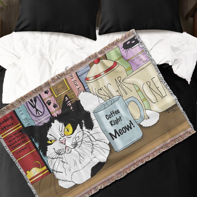 Tuxedo Cat Coffee Lover Funny Kitchen Throw Blanket (Creator Uploaded)