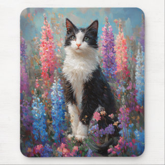 Tuxedo Cat Colorful Lupine Flowers Painting Mouse Pad