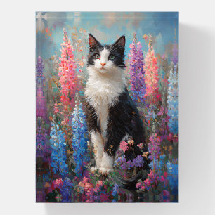 Tuxedo Cat Colorful Lupine Flowers Painting Paperweight