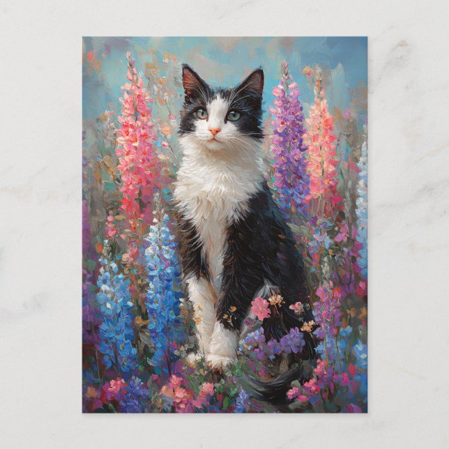 Tuxedo Cat Colorful Lupine Flowers Painting Postcard (Front)