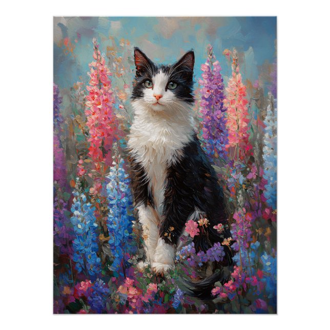 Tuxedo Cat Colorful Lupine Flowers Painting Poster (Front)