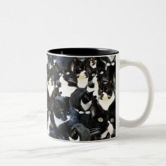 Tuxedo Cat Crazy Collage Two-Tone Coffee Mug