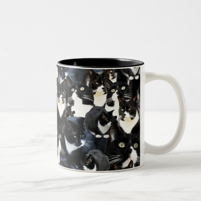 Tuxedo Cat Crazy Collage Two-Tone Coffee Mug (Right)