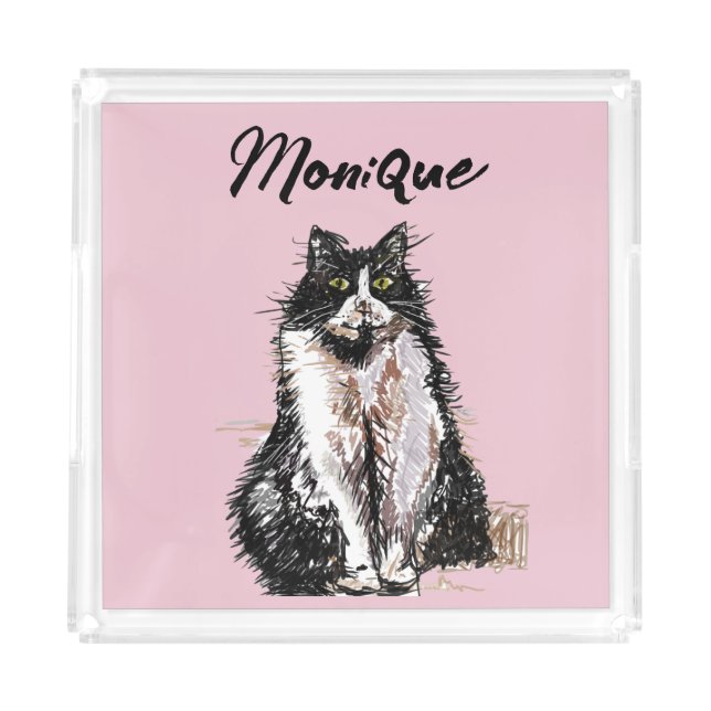Tuxedo Cat Cute Cats Black White Pastel Pink Acrylic Tray (Front)