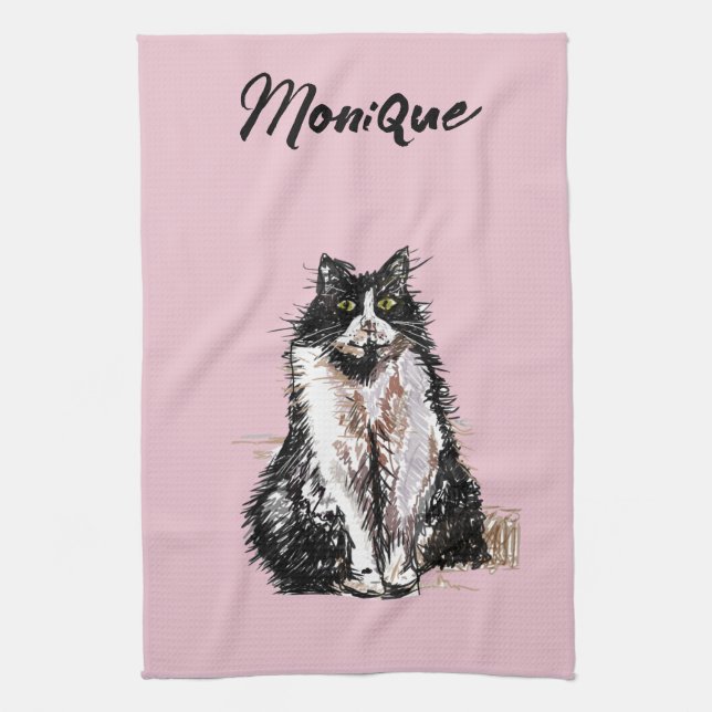 Tuxedo Cat Cute Cats Black White Pastel Pink Kitchen Towel (Vertical)