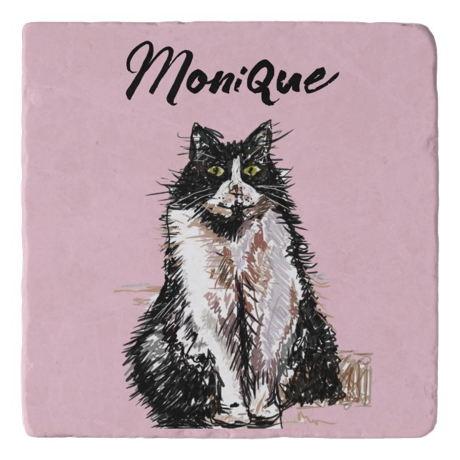Tuxedo Cat Cute Cats Black White Pastel Pink Trivet (Front)