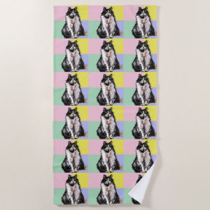 Tuxedo Cat Cute Cats Black White Pastel Rainbow Beach Towel