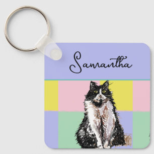 Tuxedo Cat Cute Cats Black White Pastel Rainbow Keychain