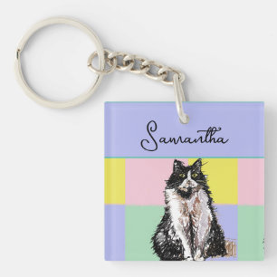 Tuxedo Cat Cute Cats Black White Pastel Rainbow Keychain