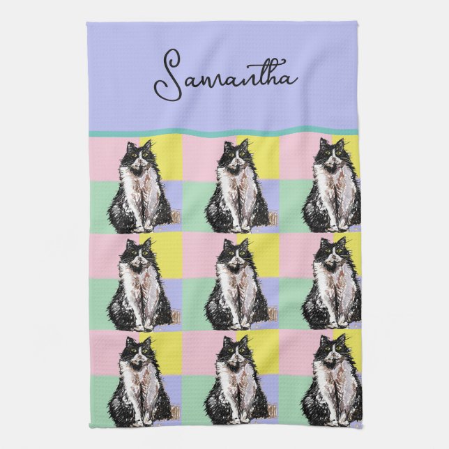 Tuxedo Cat Cute Cats Black White Pastel Rainbow Kitchen Towel (Vertical)