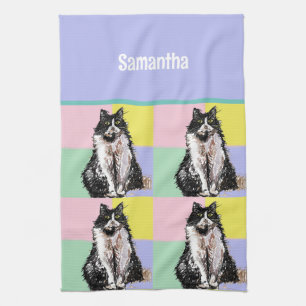 Tuxedo Cat Cute Cats Black White Pastel Rainbow Kitchen Towel