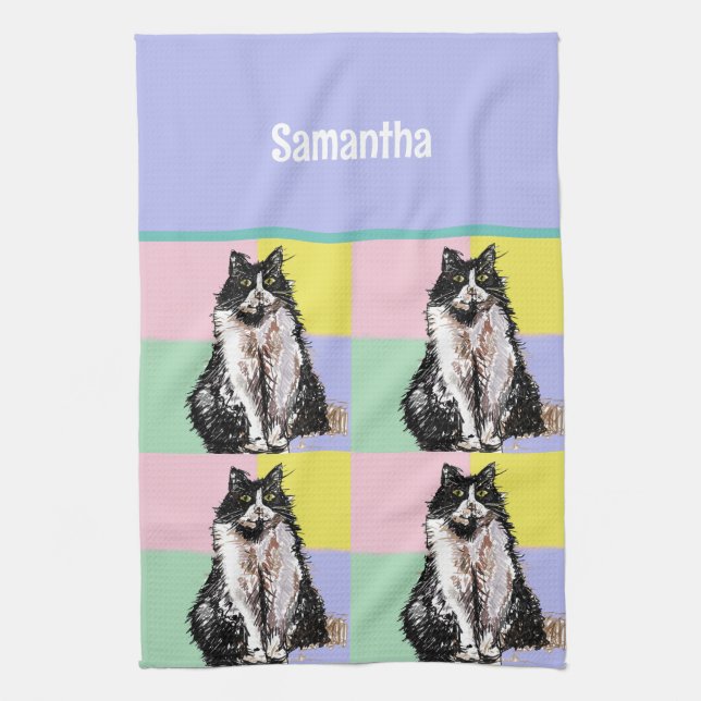 Tuxedo Cat Cute Cats Black White Pastel Rainbow Kitchen Towel (Vertical)