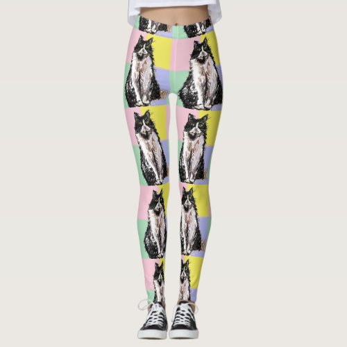 Tuxedo Cat Cute Cats Black White Pastel Rainbow Leggings