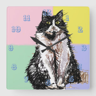 Tuxedo Cat Cute Cats Kids Girls Pastel Room Square Wall Clock