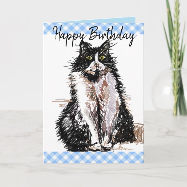 Tuxedo Cat Cute Drawing Black and White Cats  Card (Front)