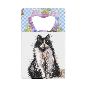 Tuxedo Cat Cute Drawing Black and White Cats Credit Card Bottle Opener