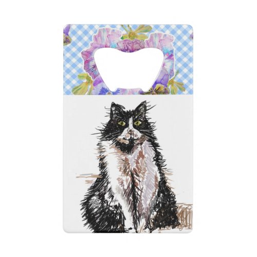 Tuxedo Cat Cute Drawing Black and White Cats Credit Card Bottle Opener