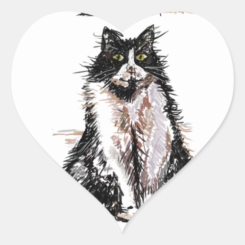 Tuxedo Cat Cute Drawing Black and White Cats Heart Sticker