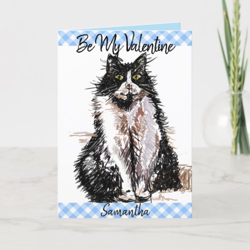 Tuxedo Cat Cute Drawing Black White Valentines Day Card