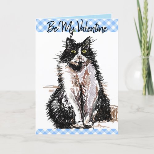 Tuxedo Cat Cute Drawing Black White Valentines Day Card