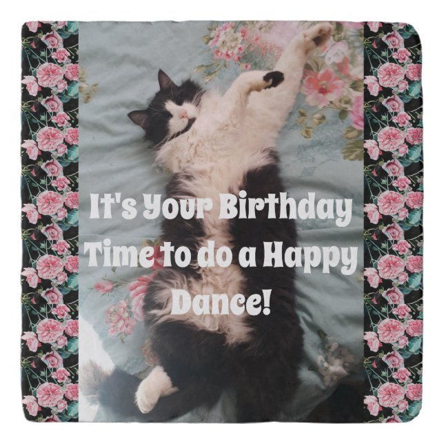 Tuxedo Cat Cute Funny Cats Happy Birthday Trivet (Front)