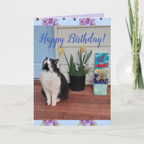 Tuxedo Cat Cute Funny Floral Happy Birthday Card