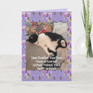 Tuxedo Cat Cute Happy Birthday Touching Toes Card