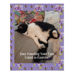 Tuxedo Cat Cute Happy Birthday Touching Toes Card Poster