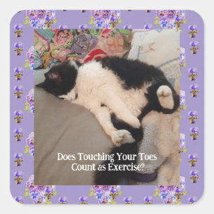 Tuxedo Cat Cute Happy Birthday Touching Toes Card Square Sticker