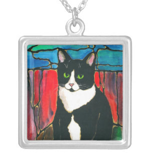 Tuxedo Cat cute kitty unique stained glass style Silver Plated Necklace