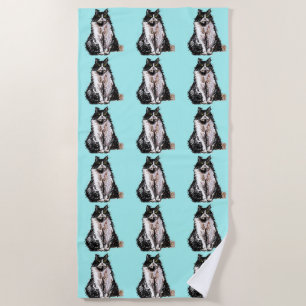 Tuxedo Cat Cute Pretty Aqua Cats Watercolor Bea Beach Towel