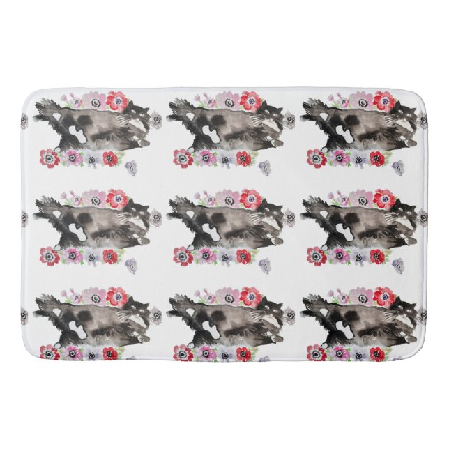 Tuxedo Cat Cute Pretty Flowers Cats Watercolor Bath Mat (Front)