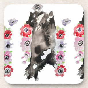 Tuxedo Cat Cute Pretty Flowers Cats Watercolor Beverage Coaster